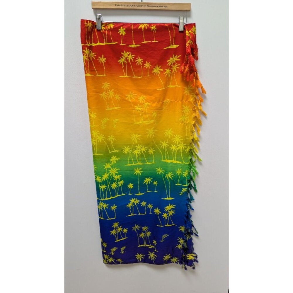 Rima Rainbow Palm Tree Print Fringed Shawl Wrap
